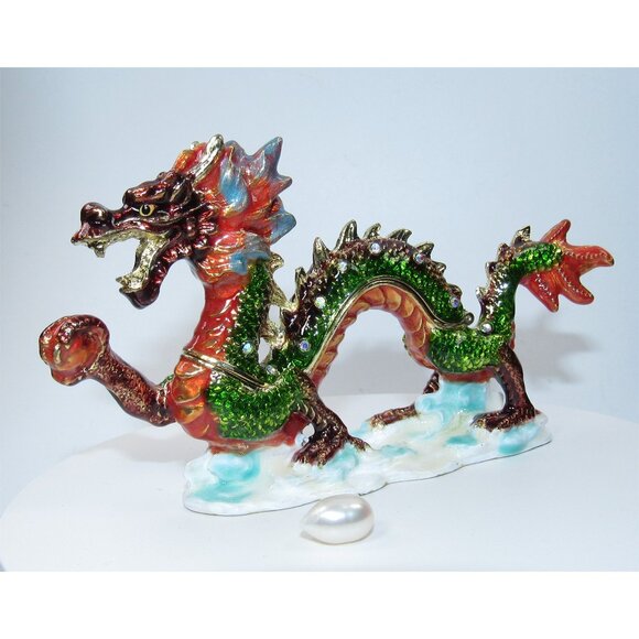 Jeweled Dragon Trinket Box with Rhinestones ships with 9mm Natural Cultured Pear - Picture 1 of 9
